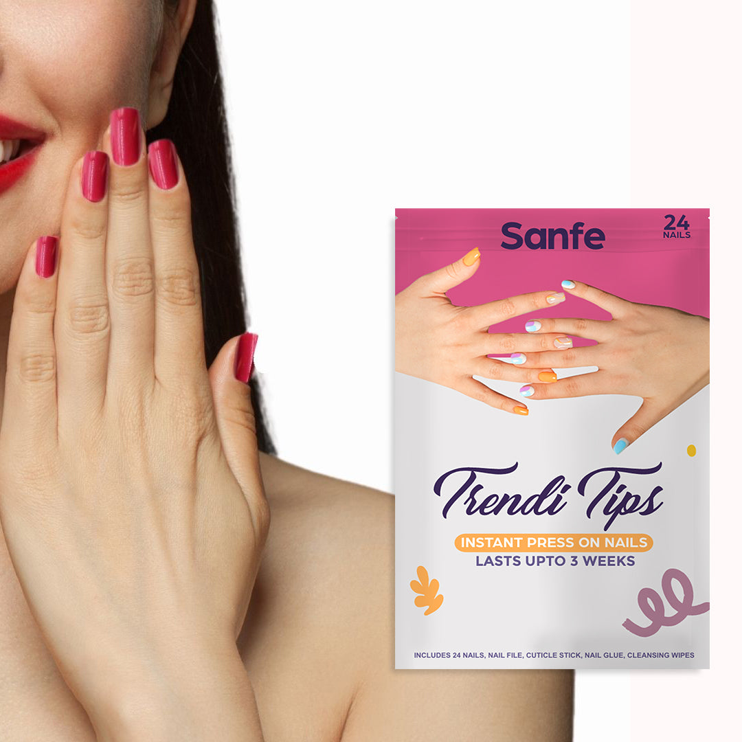 Sanfe Instant Press On Nails - Heart | 24 Reusable Artificial Fake Nail Set/Extensions | Quick, Lightweight, Salon Look, Lasts upto 3 weeks | For Festivals & Special Occasions