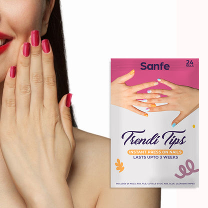 Sanfe Instant Press On Nails - Heart | 24 Reusable Artificial Fake Nail Set/Extensions | Quick, Lightweight, Salon Look, Lasts upto 3 weeks | For Festivals & Special Occasions