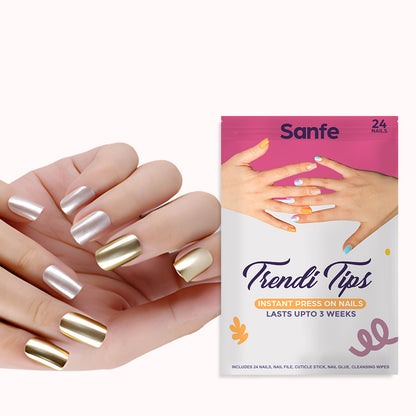 Sanfe Instant Press On Nails - Silver & Golden Chrome | 24 Reusable Artificial Fake Nail Set/Extensions | Quick, Lightweight, Salon Look, Lasts upto 3 weeks | For Festivals & Special Occasions