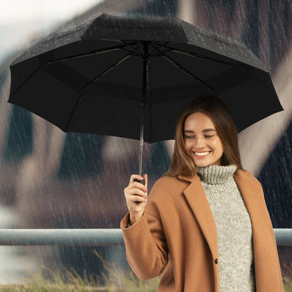 Auto Open Close Umbrella – Compact Black Travel Rain Protection with Ergonomic Handle, Wind‑Resistant Canopy, Protective Case & Carry Sleeve