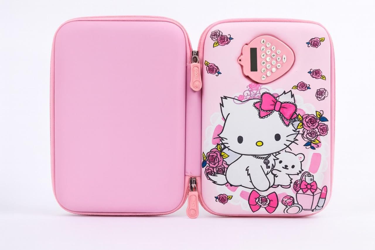Cute Pink Cartoon EVA Pencil Box with Calculator with Zippered Hard Case Stationery Organizer for Kids JR Enterprise