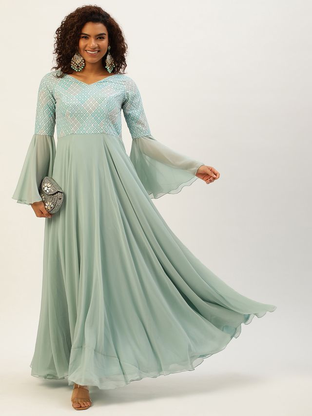 Bollywood Vogue Ready To Wear Multicolored Bell Sleeves Embroidered Gown