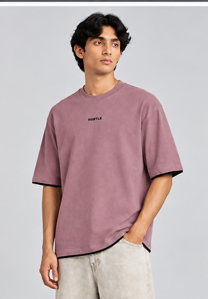 HUSTLE Men's Crew Neck Oversized Tees - Mauve Pink