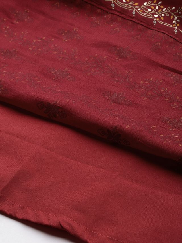 Bollywood Vogue Ready To Wear Maroon Art Silk Foil Printed Maxi Dress