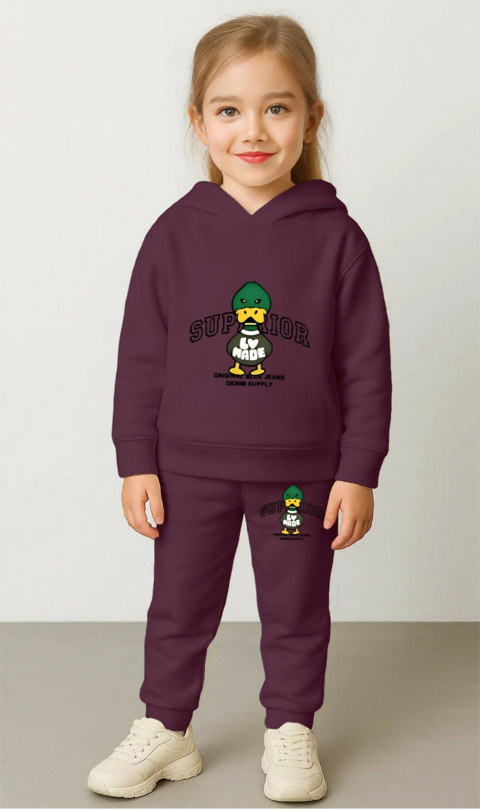 Premium Girls' Maroon Winter Tracksuit – "Superior Duck" Printed Hoodie and Matching Jogger Set Luck Fashion