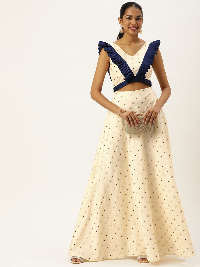 Bollywood Vogue Ready To Wear Cream Satin Jacquard Ruffled Dress