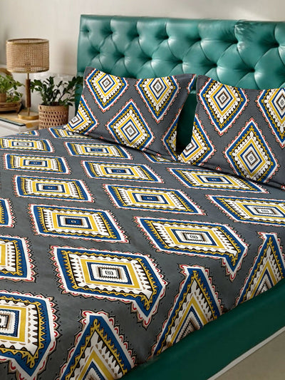 GAURA 218x240 cm Double Bedsheet with 2 Pillow Covers – Grey Geometric Diamond Print PANCHAJANYA FASHIONS