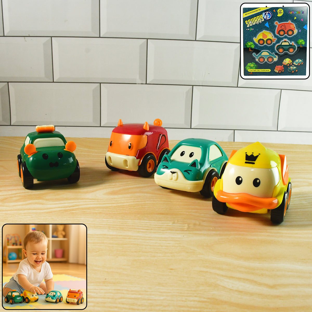 Funwoods 4-Piece Animal Cartoon Pull-Back Toy Car Set Cute Friction Powered Vehicles for Kids (4 Pc  Set)