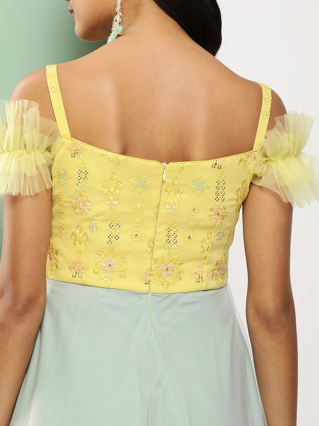 Bollywood Vogue Ready To Wear Yellow Embroidered N Mint Green Corset Style Gown