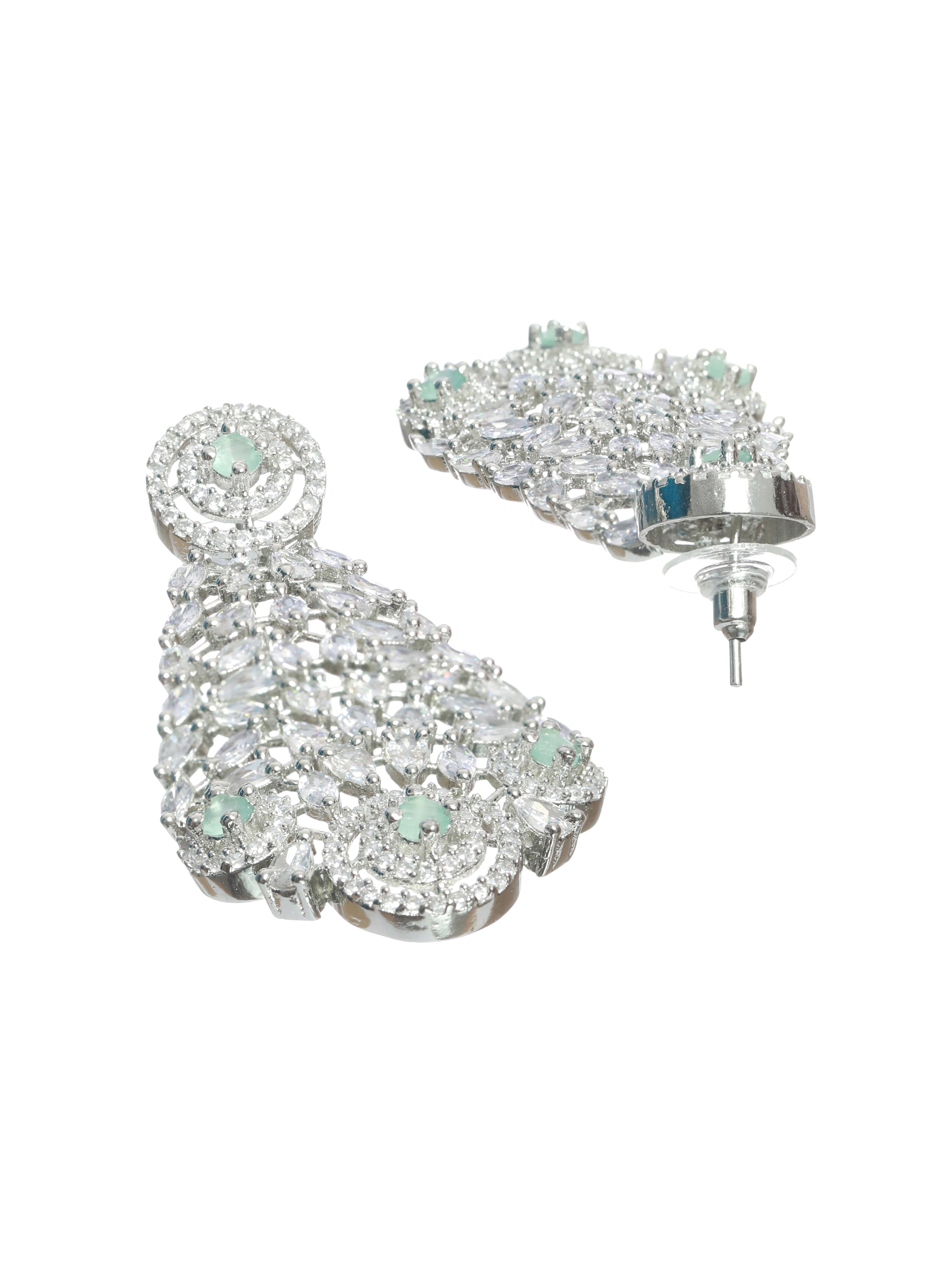 Silver Plated Pastel Green Studded American Diamond Handcrafted Necklace Set.