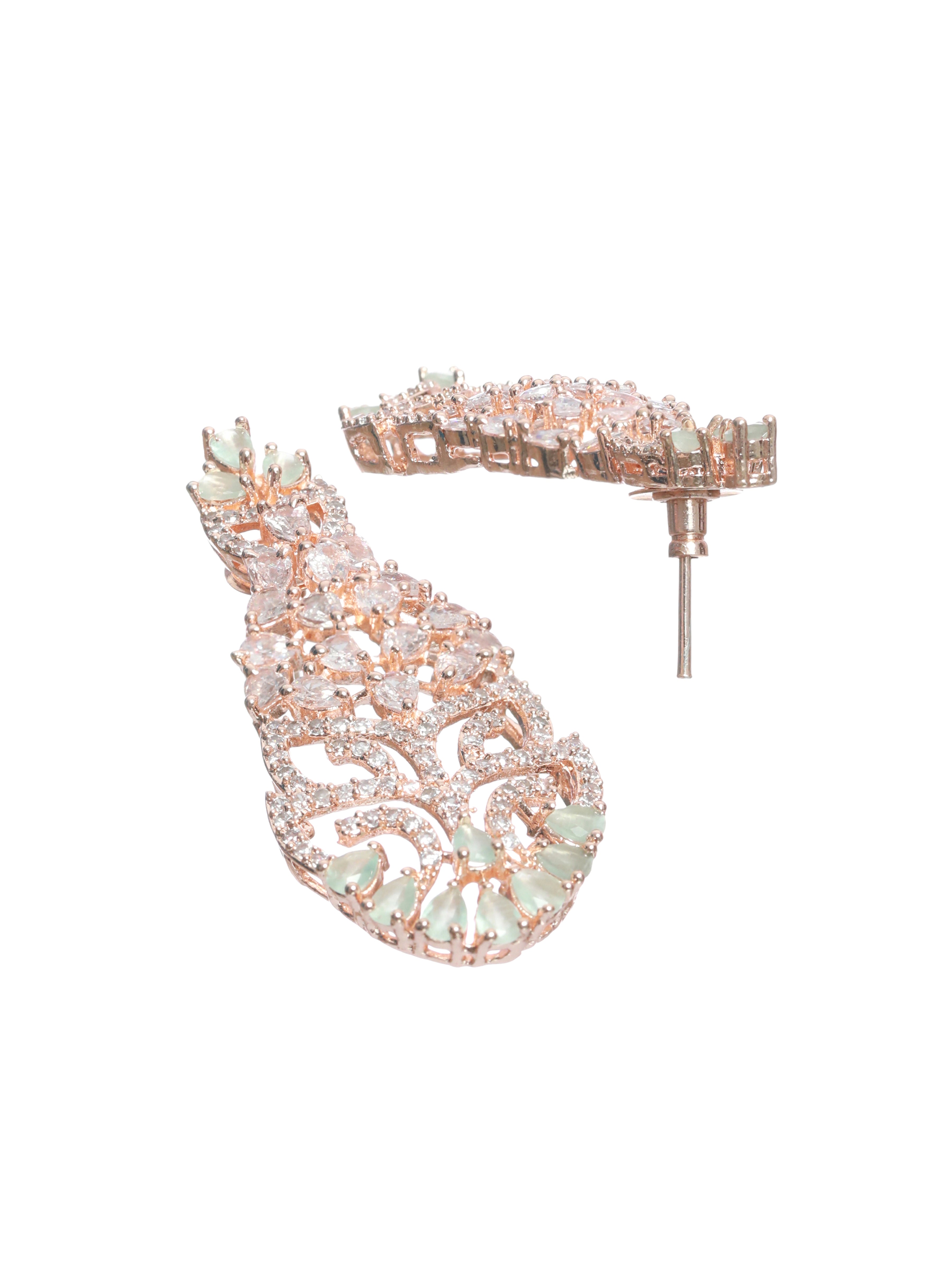 Rose Gold-Plated Mint Green & White Ad-Studded Handcrafted Jewellery Set