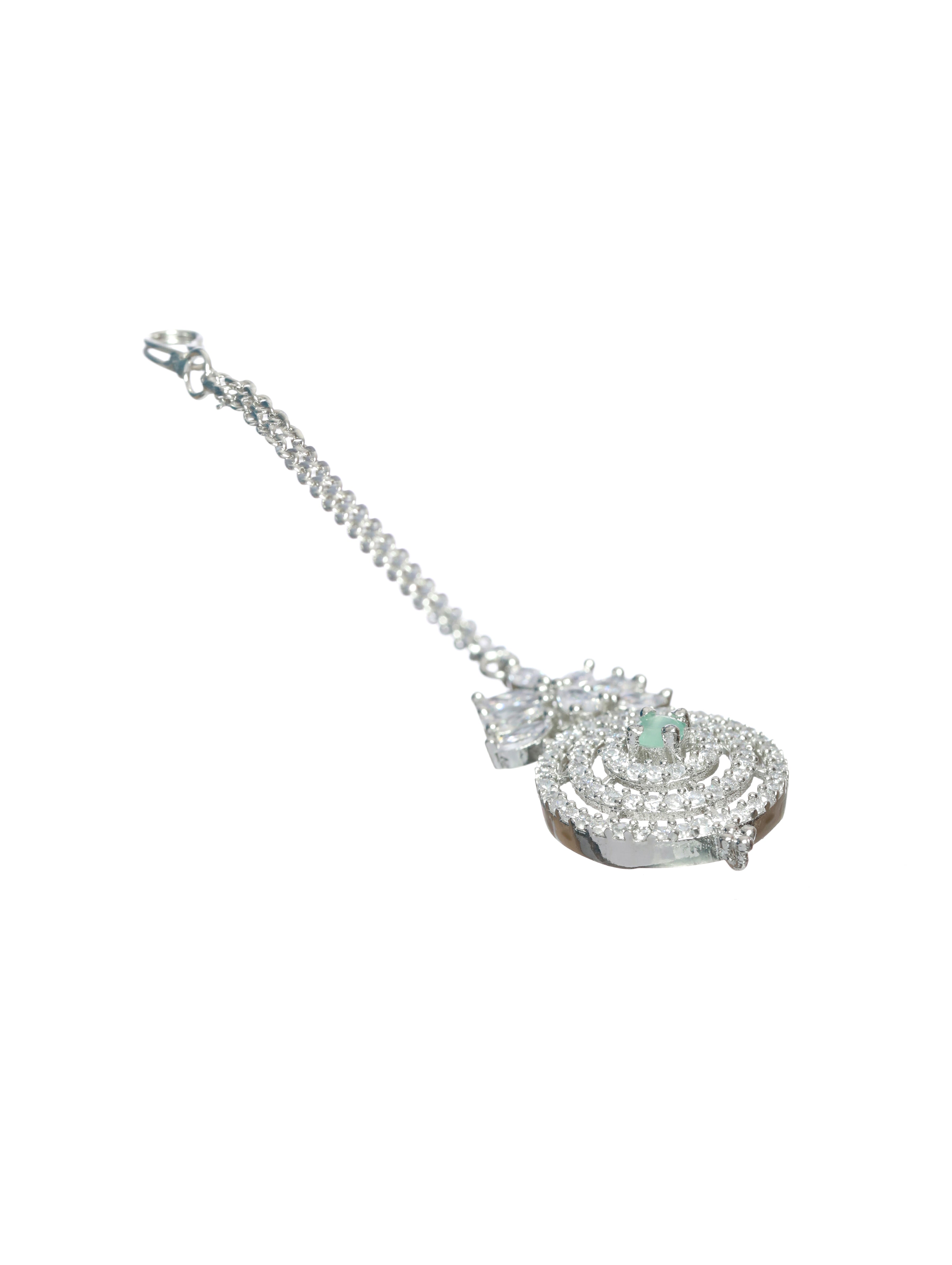 Silver Plated Pastel Green Studded American Diamond Handcrafted Necklace Set.