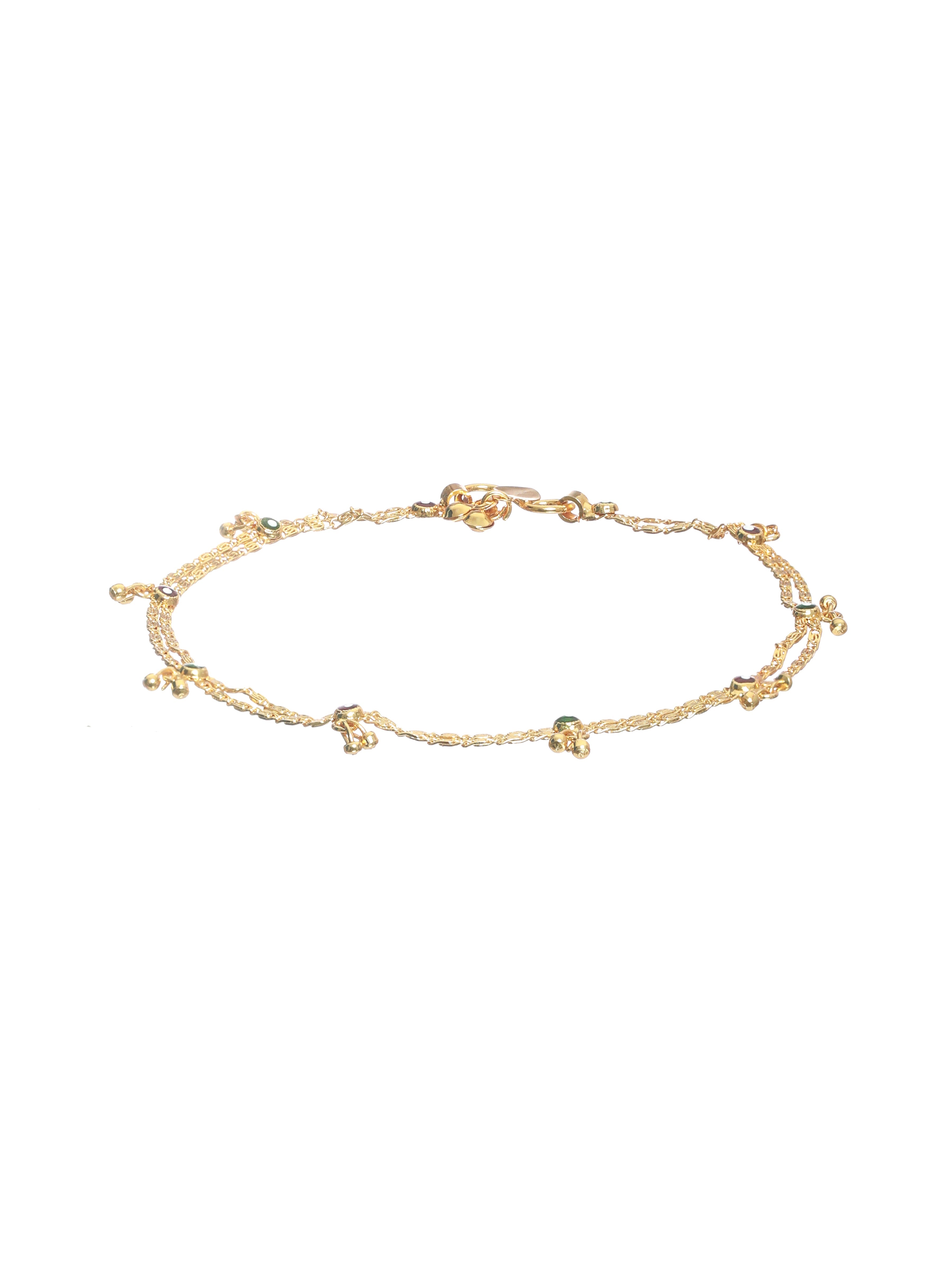 Set Of 2 Gold-Plated Green & Marron Stone Studded Handcrafted Anklets