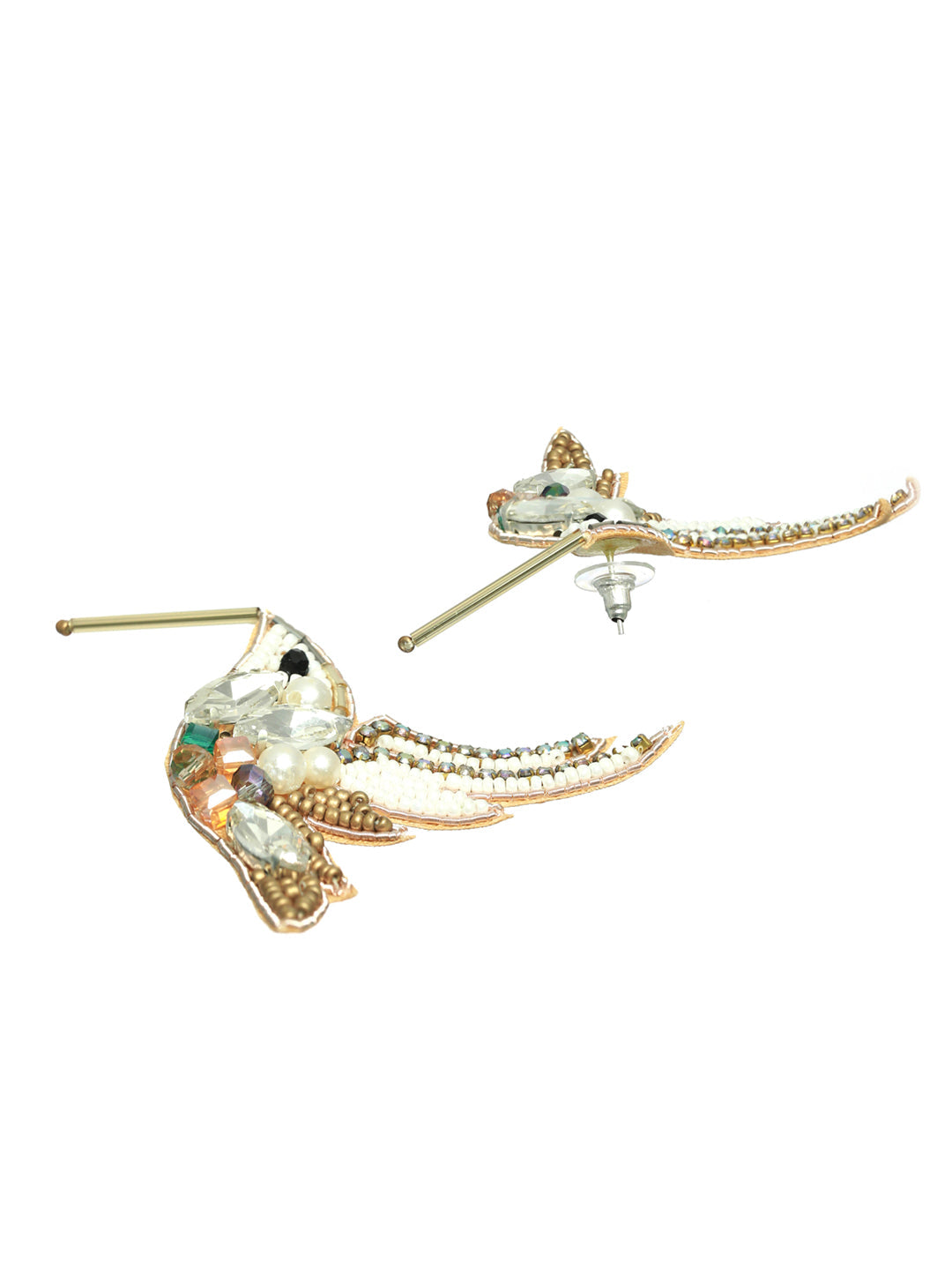 Gold Toned Beads & White Crystals Studded Contemporary Bird Shaped Earrings