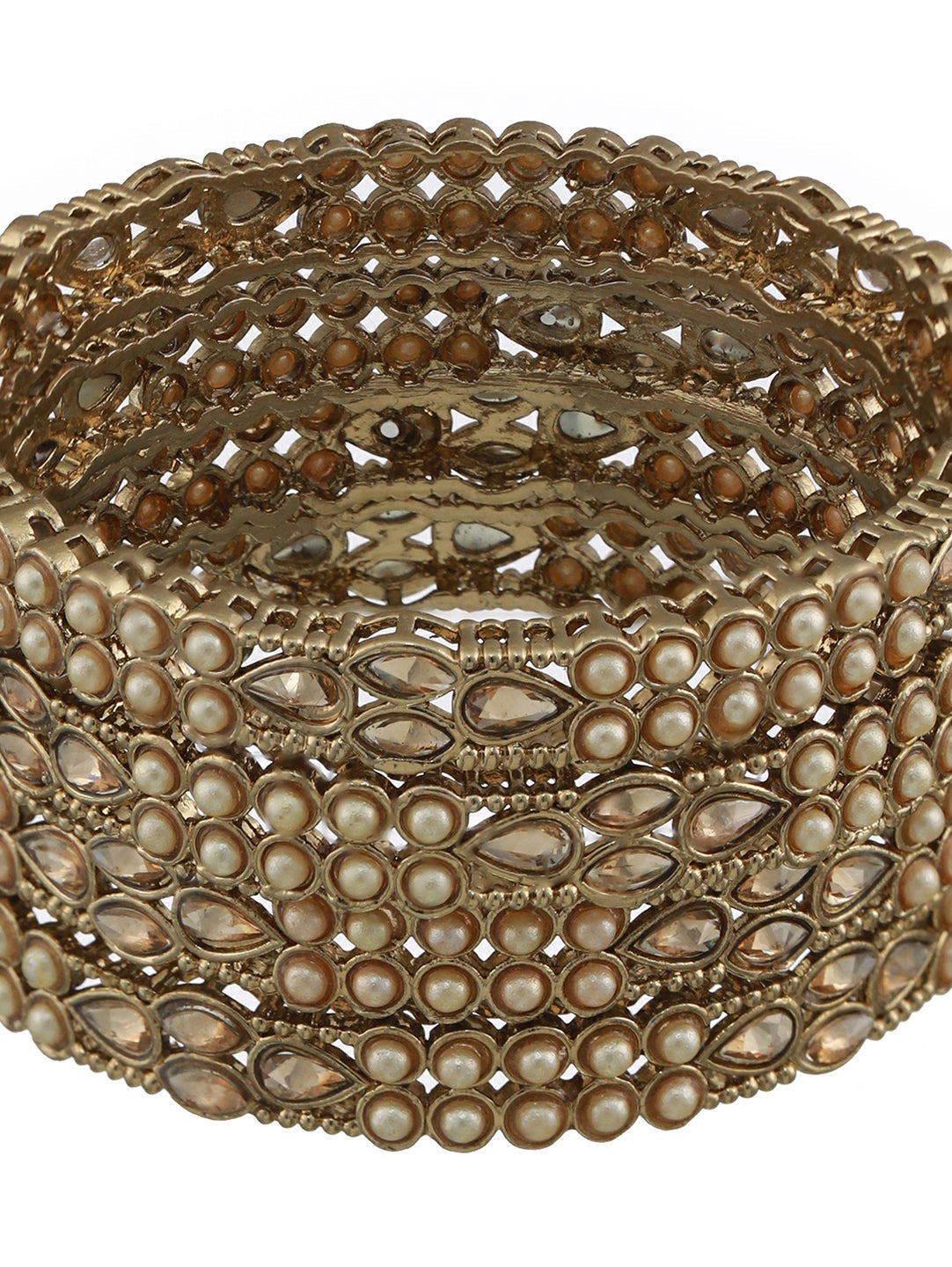 Set Of 4 Gold-Plated Kundan Studded & Pearls Beaded Bangles