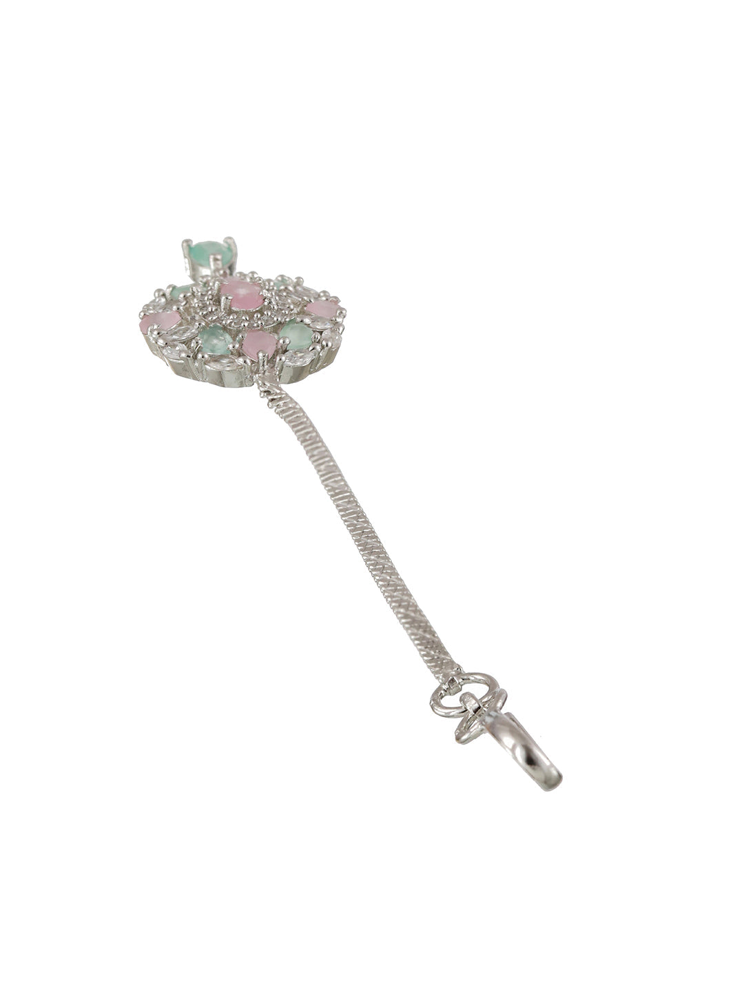 Silver Plated Pink & Mint Green American Diamond Studded Handcrafted Necklace Set With Maangtikka