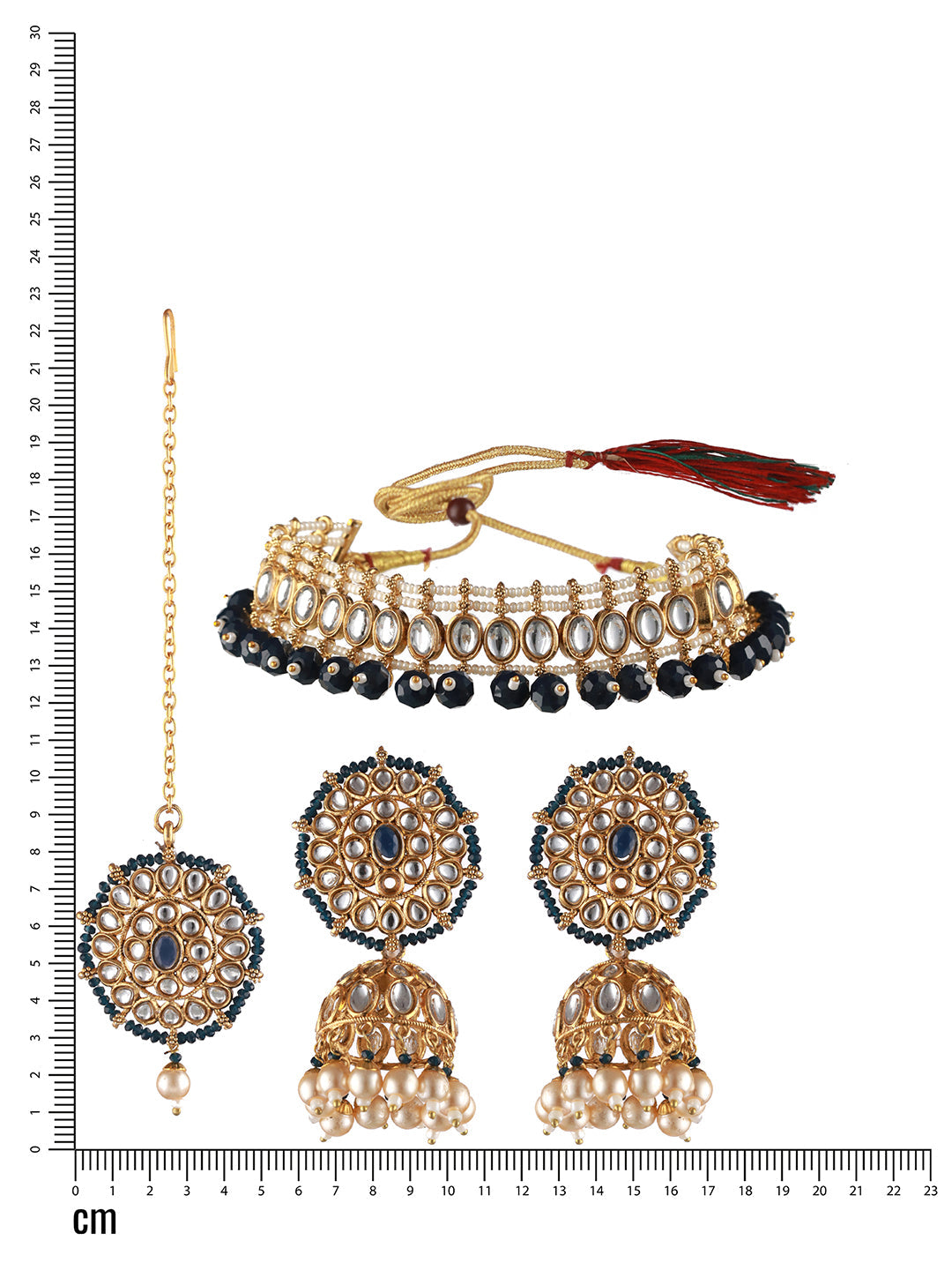 Gold-Plated Blue& White Kundan Studded & Beaded Choker Jewellery Set With Maangtikka