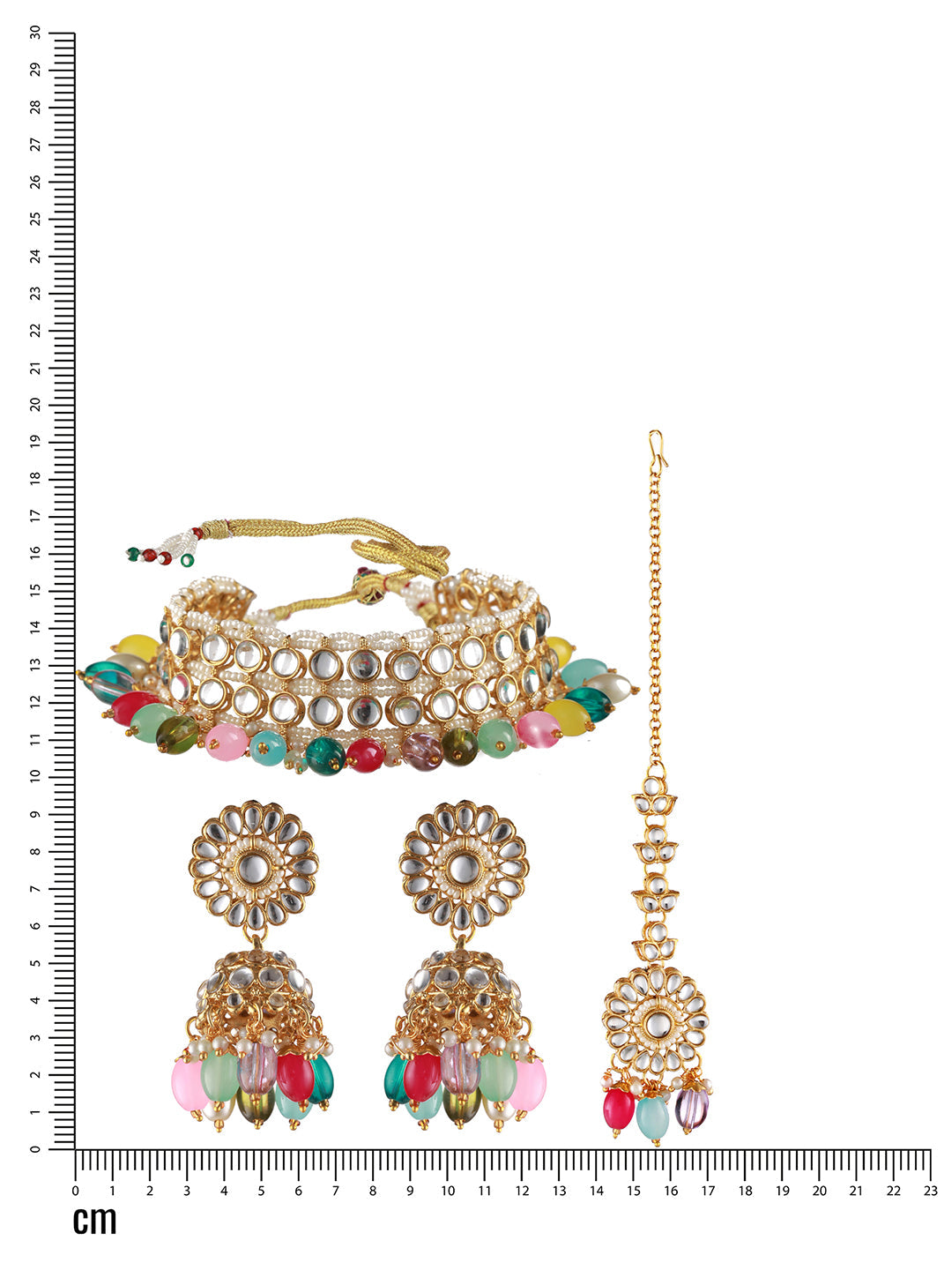 Gold-Plated Multicolored Kundan Studded & Pearl Beaded Choker Jewellery Set With Maangtikka