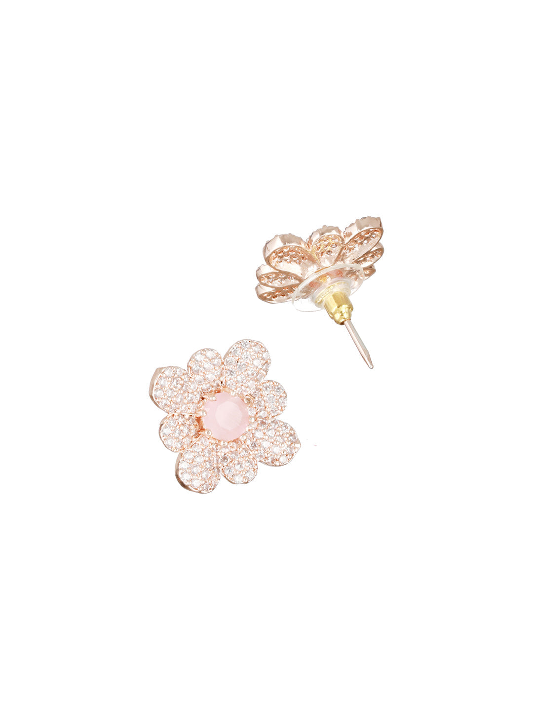 Rose Gold Plated & Pink Ad-Studded Floral Studs Earrings