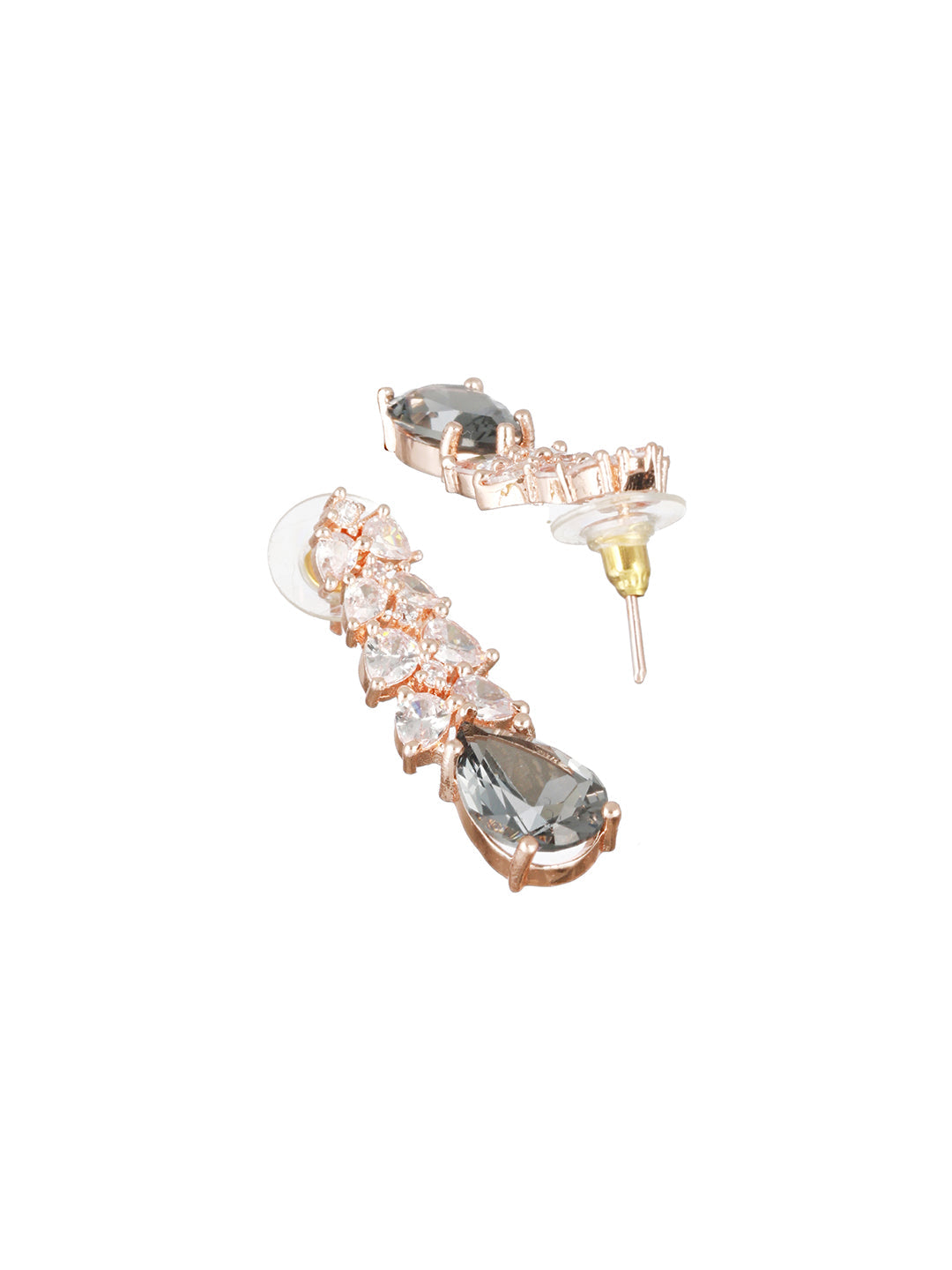 Rose Gold-Plated & Grey Ad-Studded Handcrafted Teardrop Drop Earrings