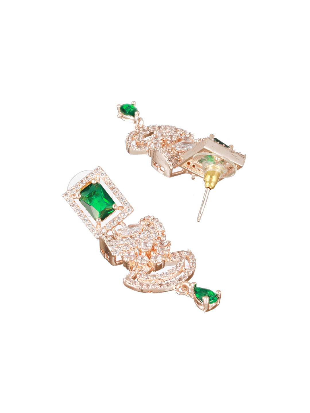 Green & Rose Gold Plated Ad Studded Rectangular Drop Earrings