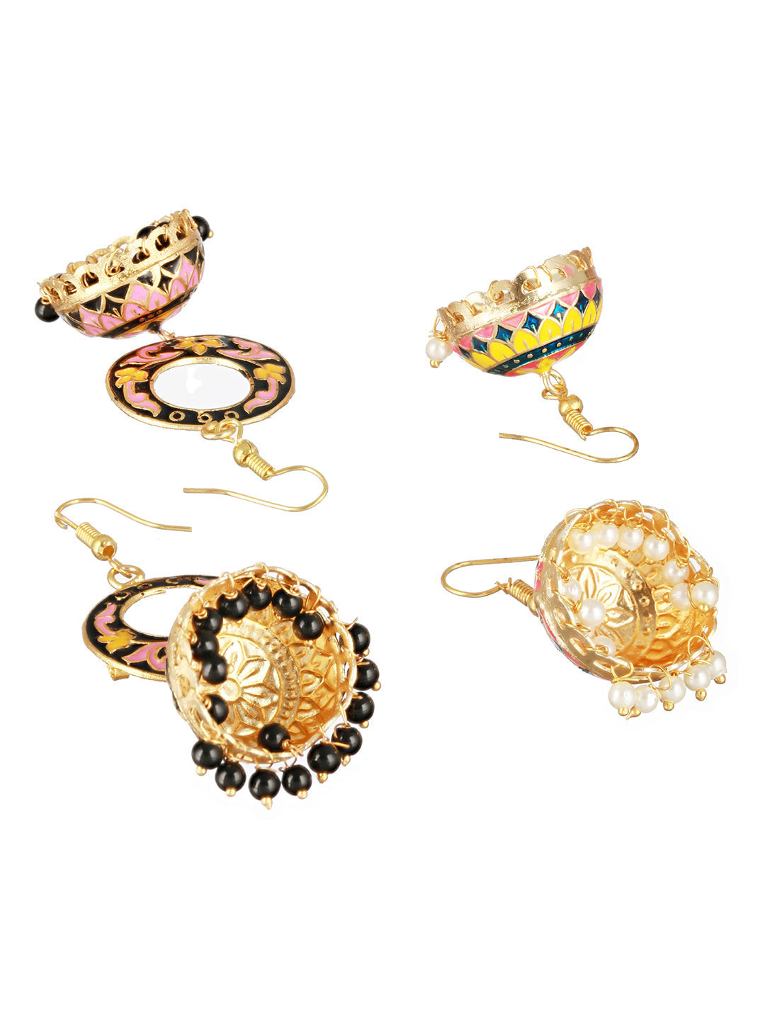 Set Of 2 Pink & Yellow Gold Plated Contemporary Meenakari Jhumkas Earrings