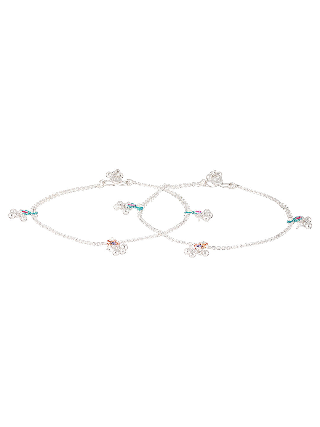 Aatmana Set Of 2 Silver-Plated Pink&Blue Anklets With Ghungroo