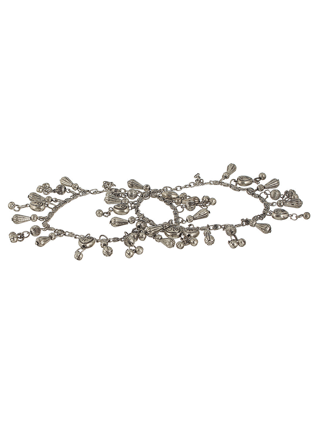Jazz and Sizzle - Set Of 2 Oxidised Silver-Plated & Heart Charm Ghungroo Anklets