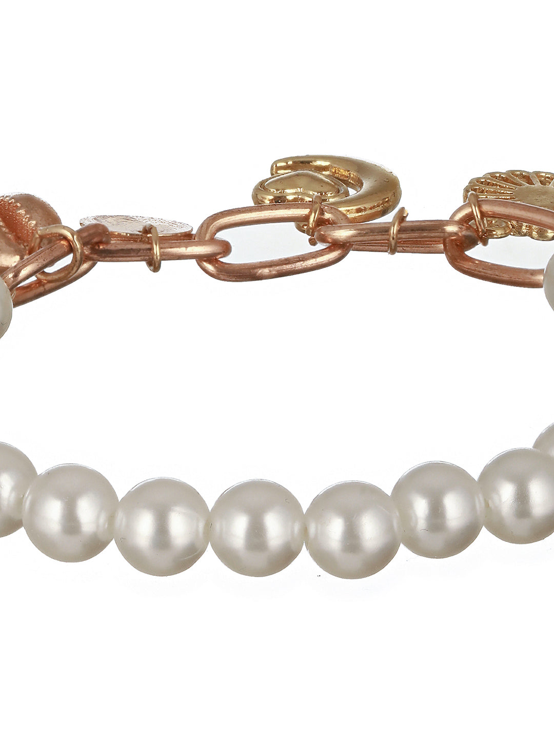 Gold-Toned Sea Shell Heart Moon & Pearls Hanging Charm Bracelet