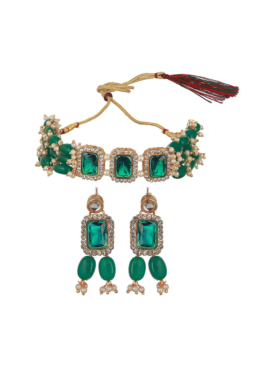 Gold-Plated Stone-Studded & Pearl Beaded Jewellery Set