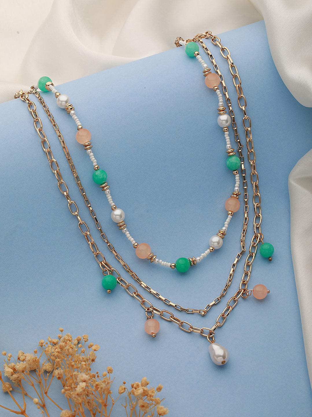 Gold Plated & Multicolored Pearl Layered Necklace