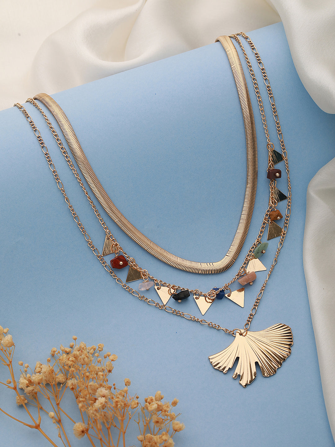 Jazz And Sizzle Gold-Plated & Beaded Snake Chain & Leaf Designed Layered Necklace