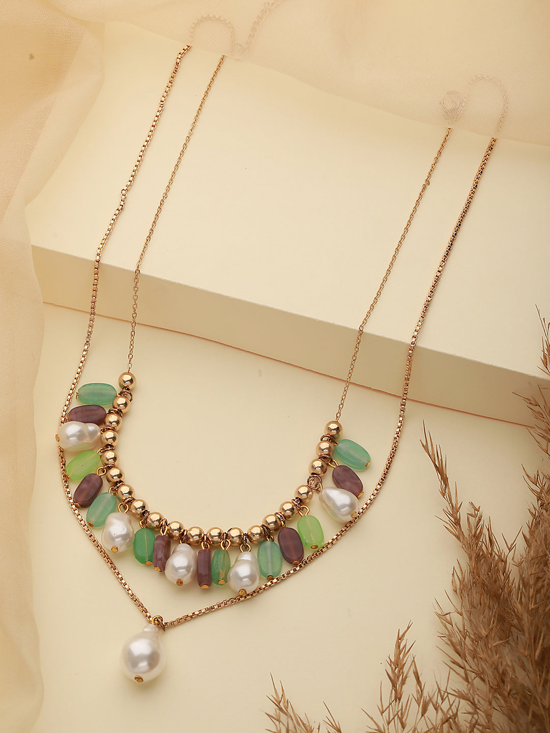 Jazz And SizzleLuxury Gold Necklace with Pearls and Multicolor Stones