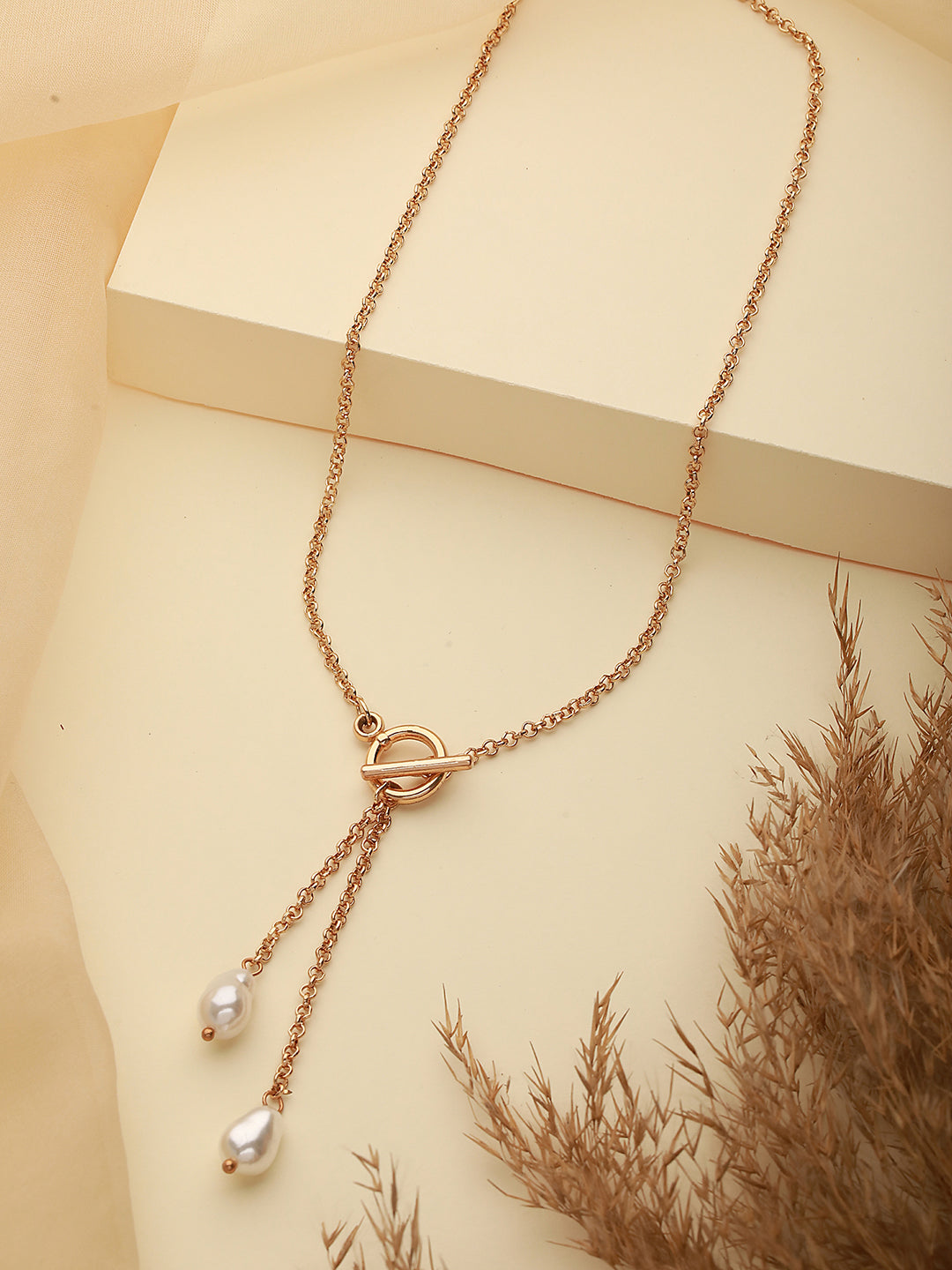 Gold Plated Handcrafted & White Pearl Interlinked Chain Necklace