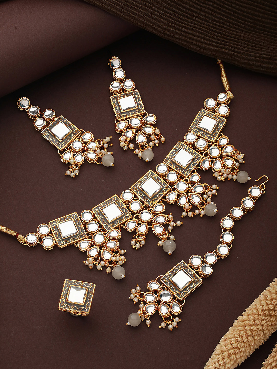 Jazz And Sizzle Gold-Plated Kundan-Studded & Pearl Beaded Minakari Work Jewelry Set With Mangtikka