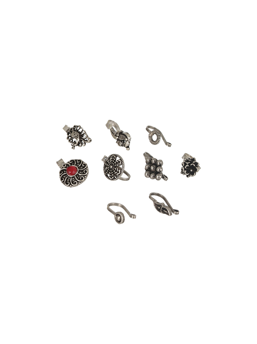 Set Of 10 Silver-Plated Oxidised Stone Studded Nose Pins