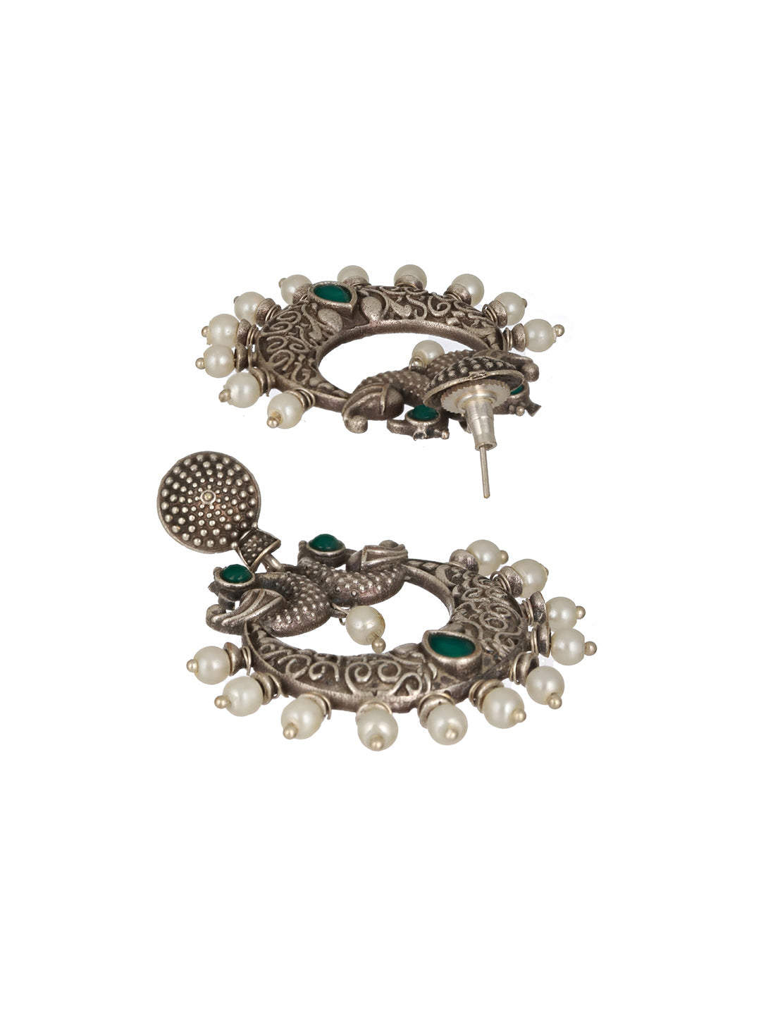 Oxidized Silver-Toned Green Stone Studded & Pearl Dome Shaped Chandbalis