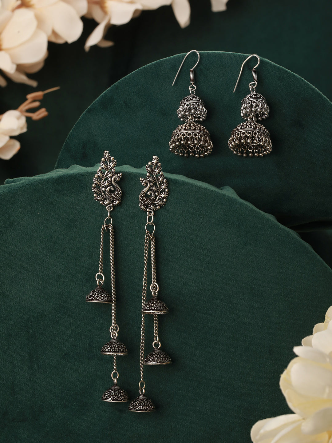 Set Of 2 Silver Plated Peacock Shaped Jhumka Earrings
