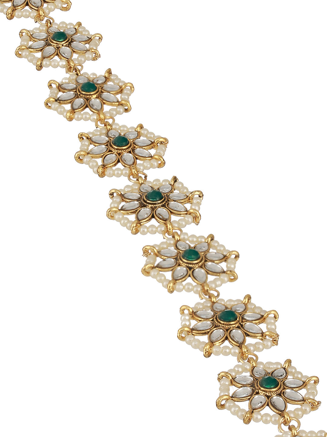 Gold-Plated Green Kundan & Pearl Studded Sheeshphool Mathapatti