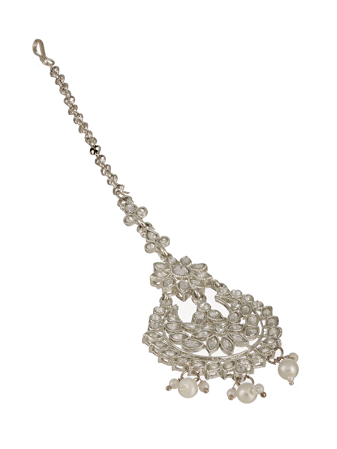 Silver-Plated White Ad-Studded & Pearl Drop Handcrafted Maang Tikka