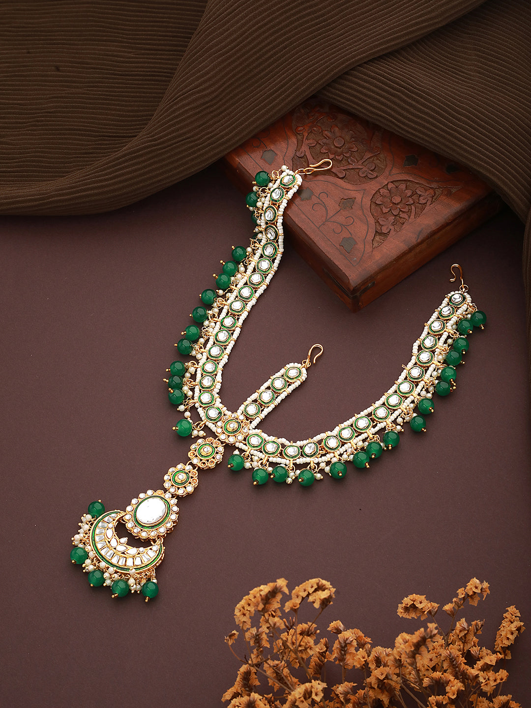 Gold-Plated Green & White Kundan-Studded & Pearls Beaded Sheeshphool Mathapatti