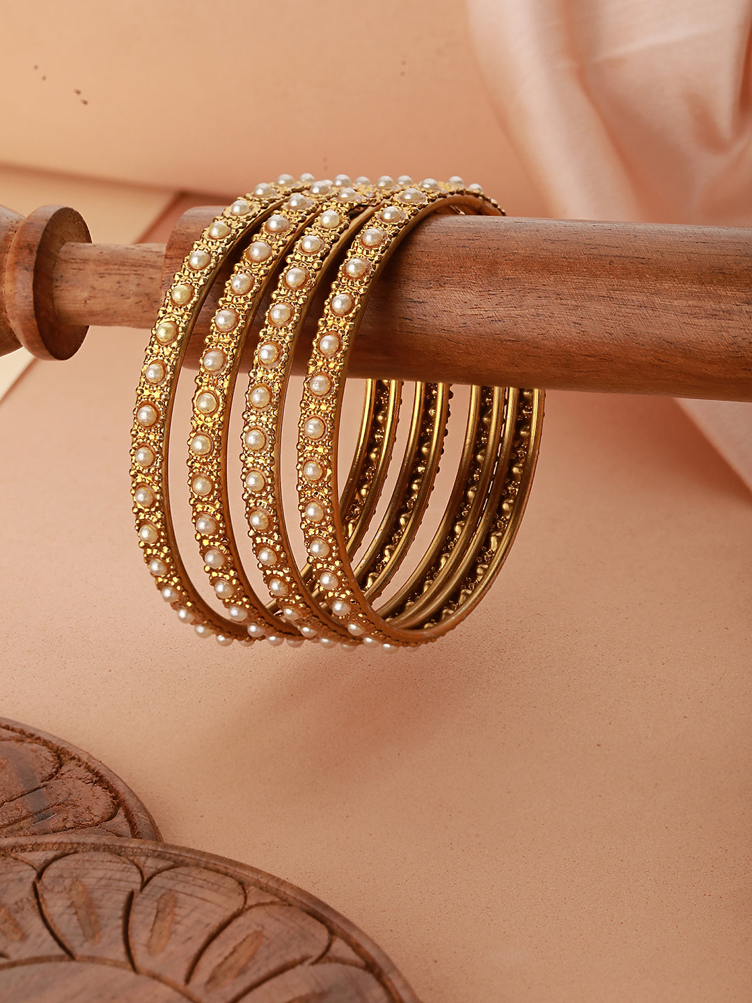 Set Of 2 Gold-Plated Bold Pearl-Studded Bangles