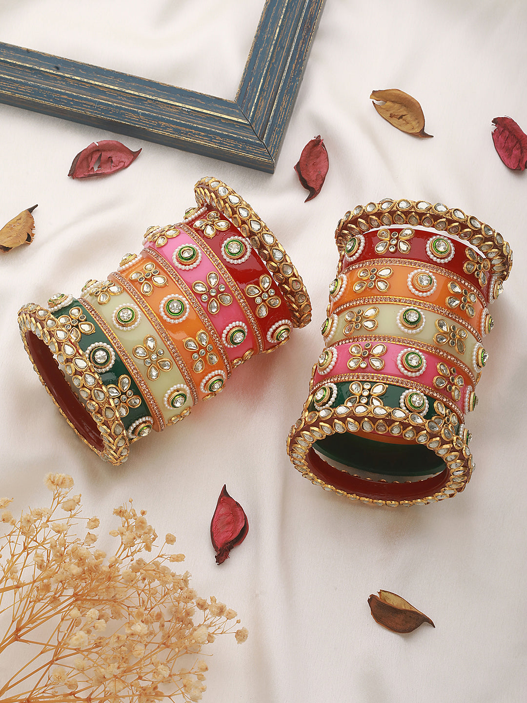 Set Of 22 Gold-Plated Kundan-Studded Meenakari Multicolor Bangles