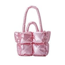 Buddy Cares Puffy Tote Bag – Padded Lattice Puffer Shoulder Bag for Women – Pink
