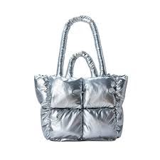 Buddy Cares Puffy Tote Bag – Padded Lattice Puffer Shoulder Bag for Women – Silver