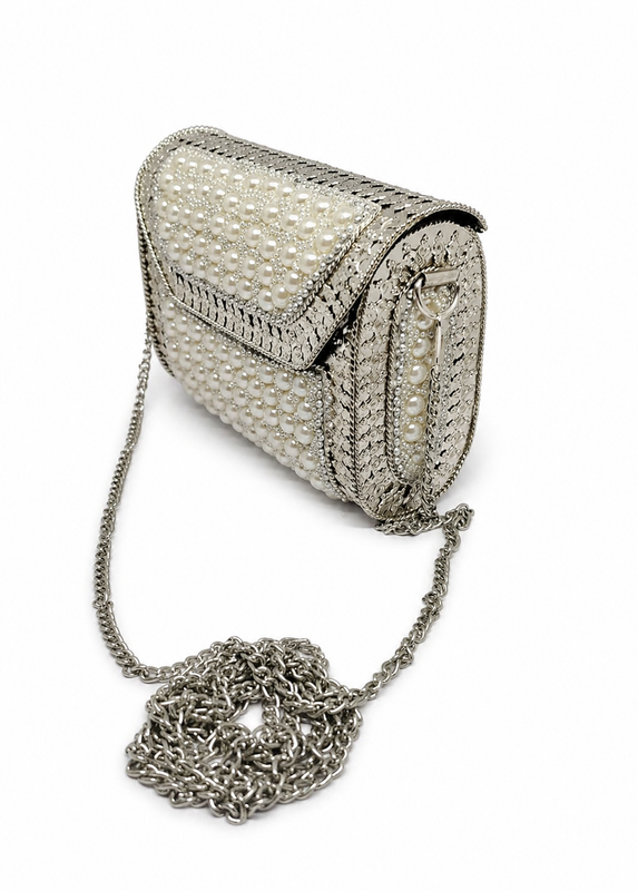 Buddy Cares Metal Bag for Women, Silver Pearl Embellished Clutch Purse with Chain Strap – Capsule – Buddy Cares