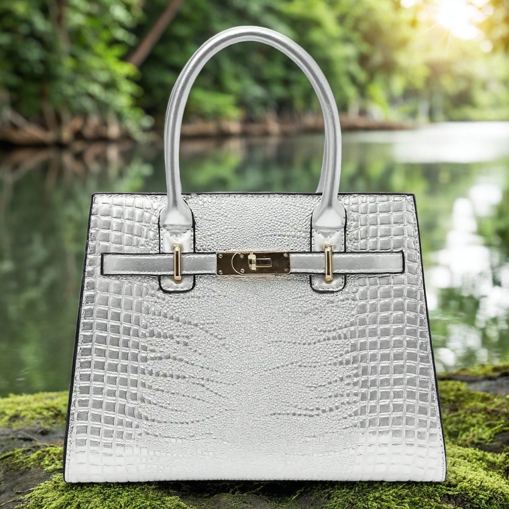 Silver Crocodile Textured Handbag