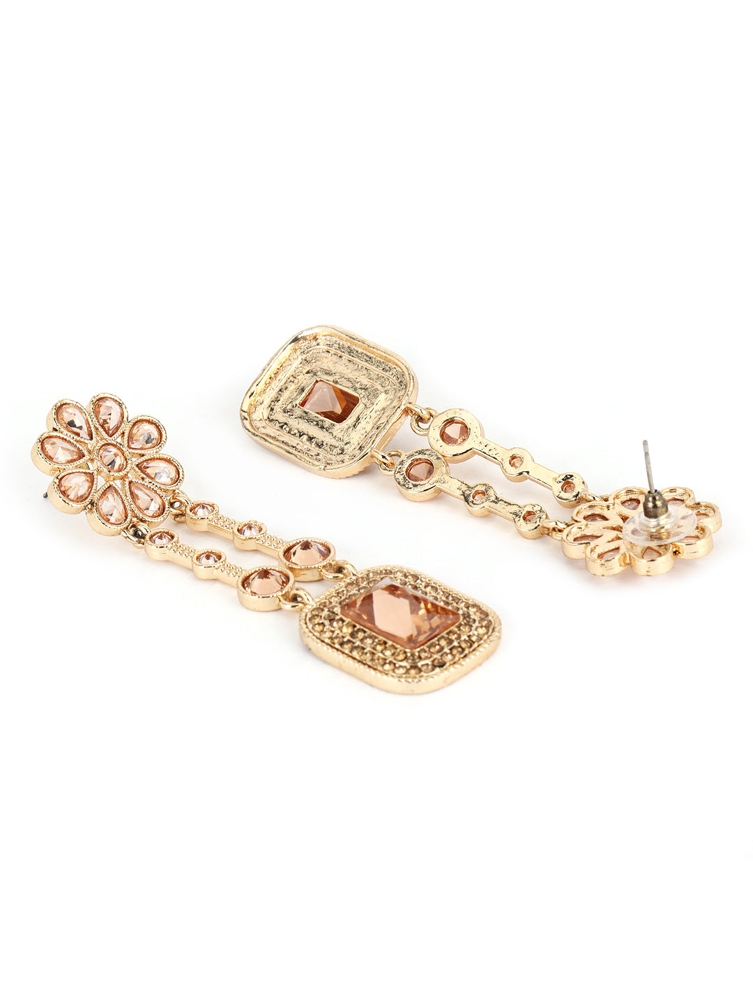Gold-Plated Kundan Studded Contemporary Floral Pattern Drop Earrings