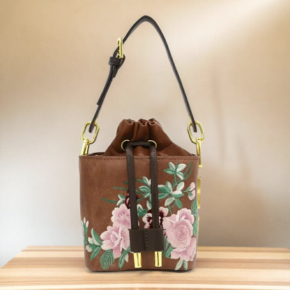 Floral Embroidered Charcoal Bucket Bag with Drawstring Closure