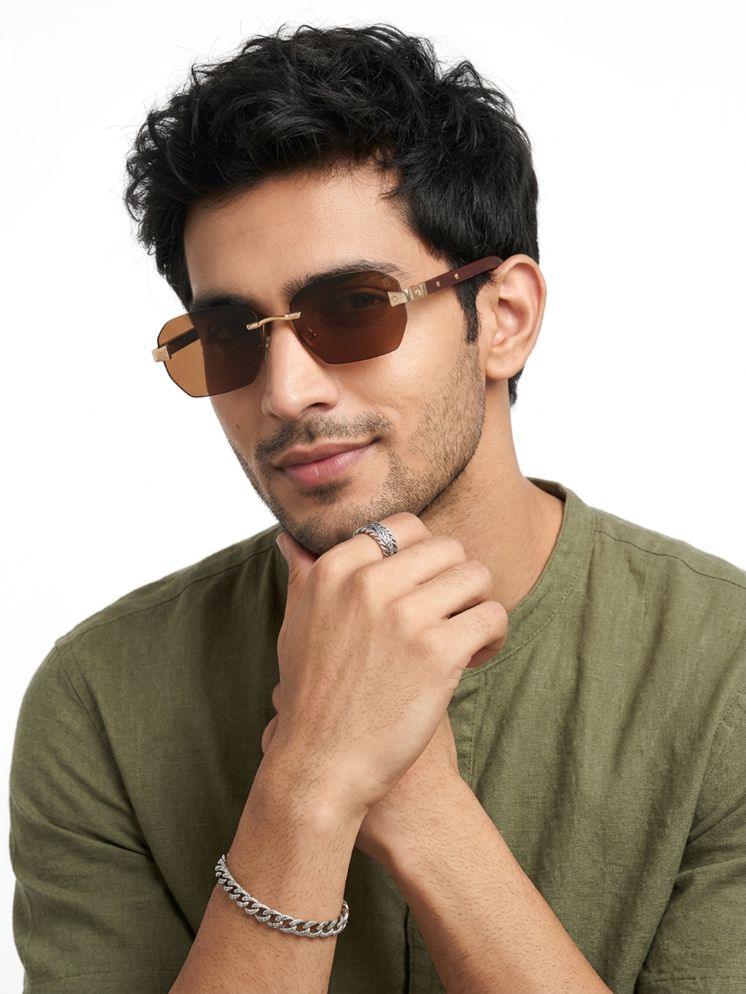 Essence Amber Golden Rimless Sunglasses for Men and Women - Style 2550 - worn by a male model (image 1)